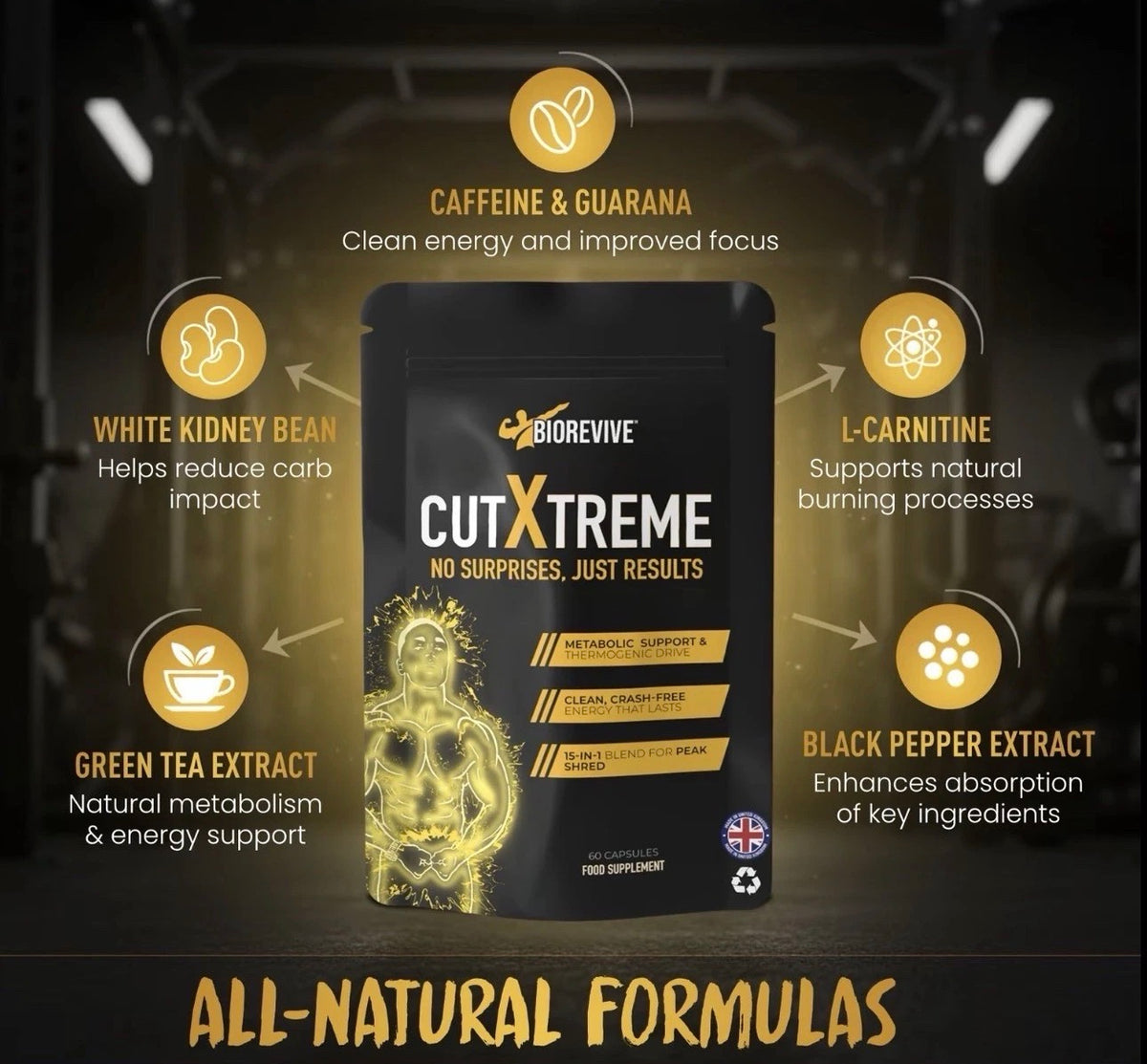 BioRevive Cut Xtreme Fitness Supplement – Energy, Focus & Wellness Support | L-Carnitine, Green Tea, B Vitamins & Caffeine